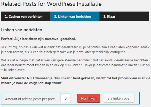 De installatiewizard van Related Posts for WordPress plugin verwelkomt je na de installatie.