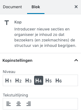 Koptekst instellingen Gutenberg