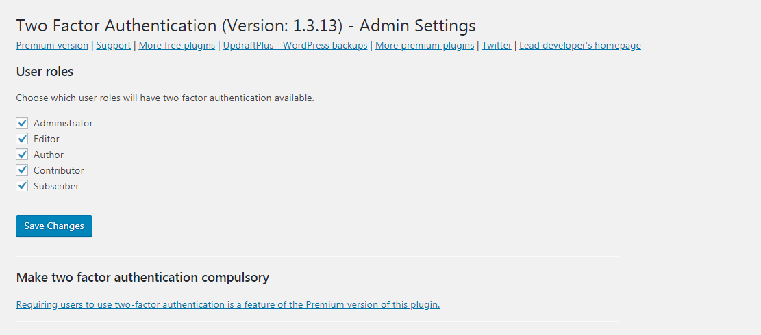 Two Factor Authentication settings.