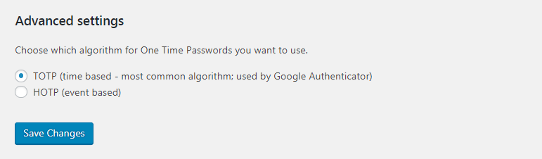 Two Factor Authentication advanced options.