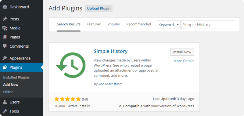 WordPress Simple History plug-in